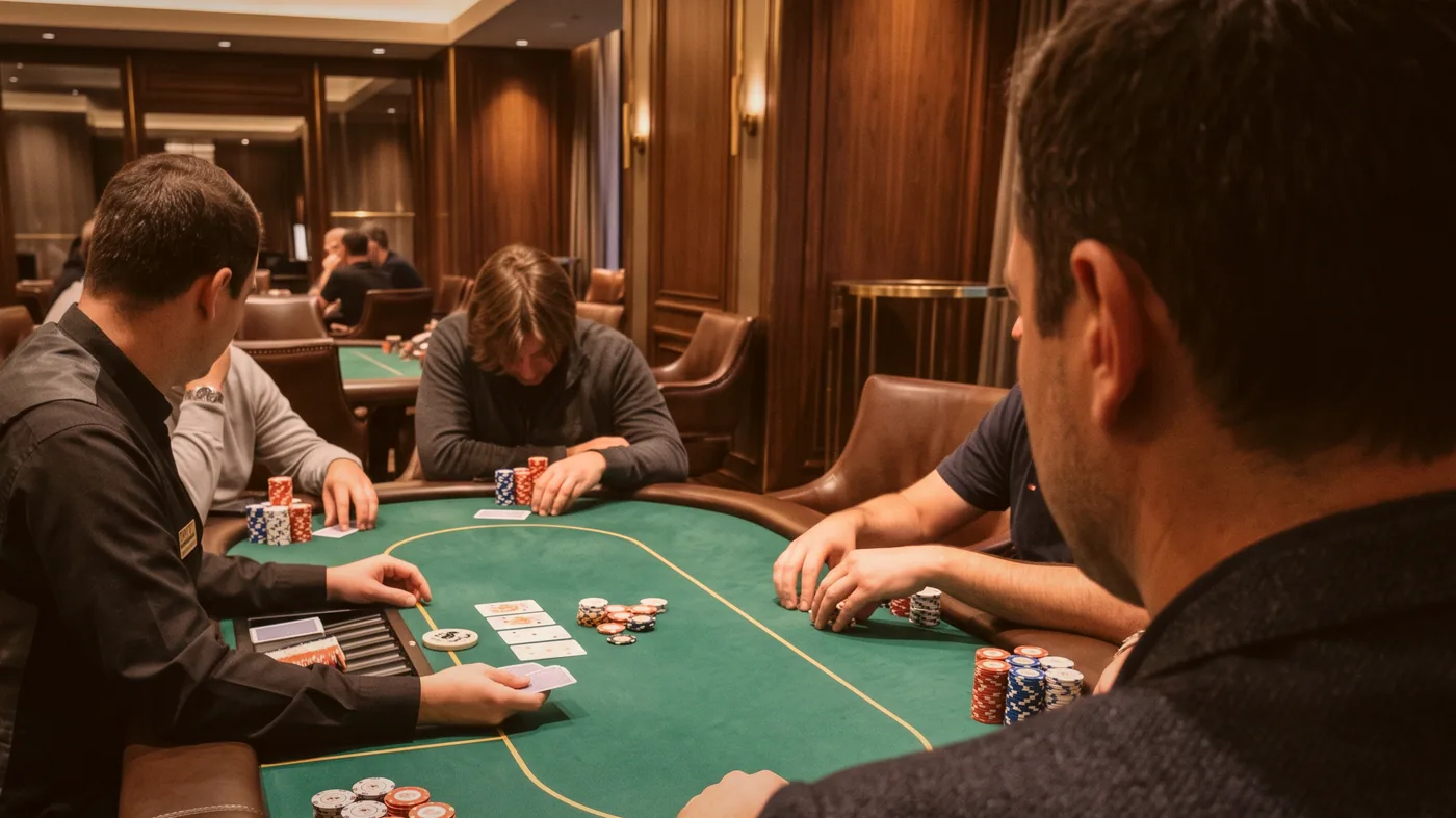 Chips stacked in neat towers on a card table, marking points only, not cash, before a hand of euchre.